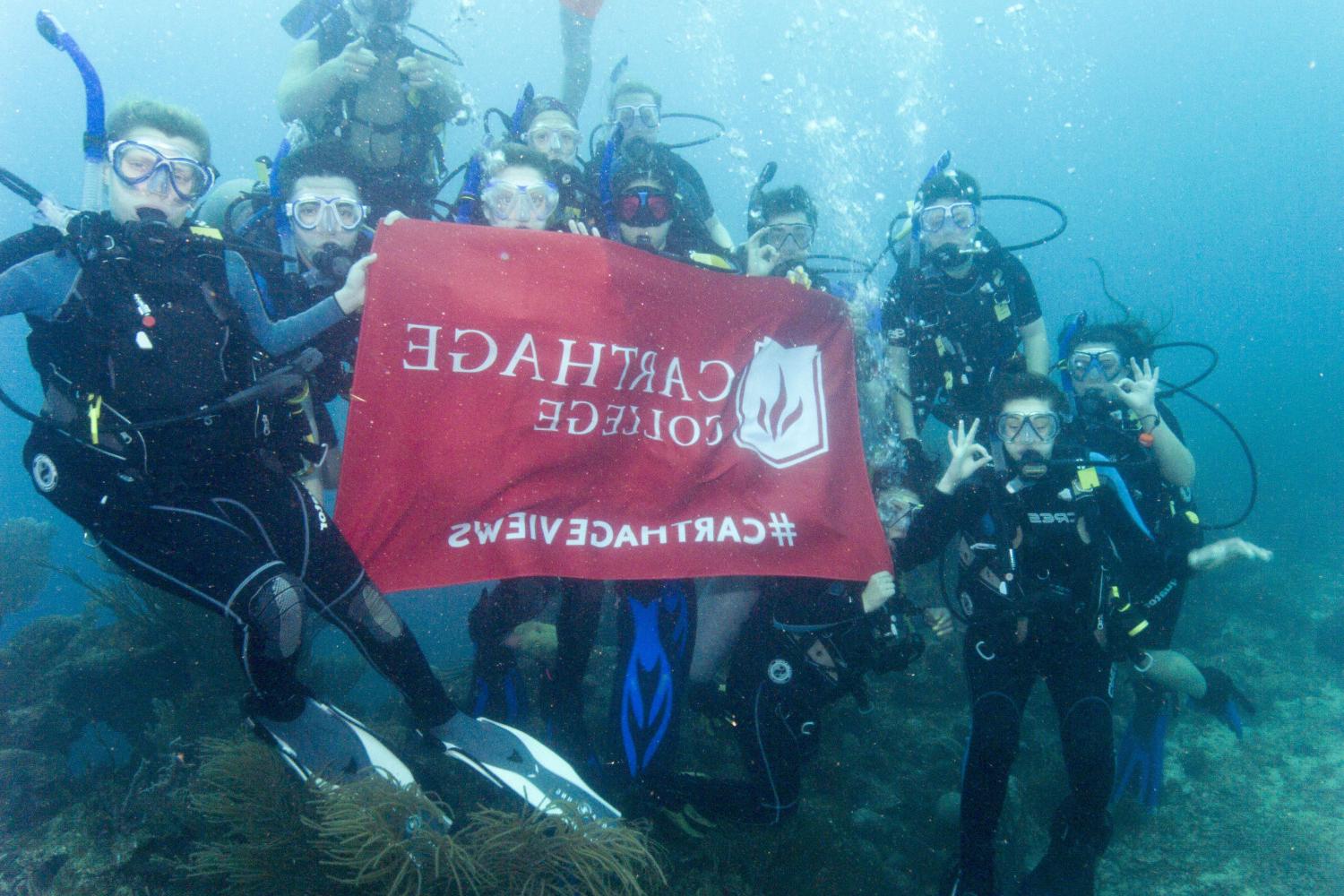 学生们手持<a href='http://iodf.lfkgw.com'>bv伟德ios下载</a>旗帜，在j学期洪都拉斯游学之旅中潜水.